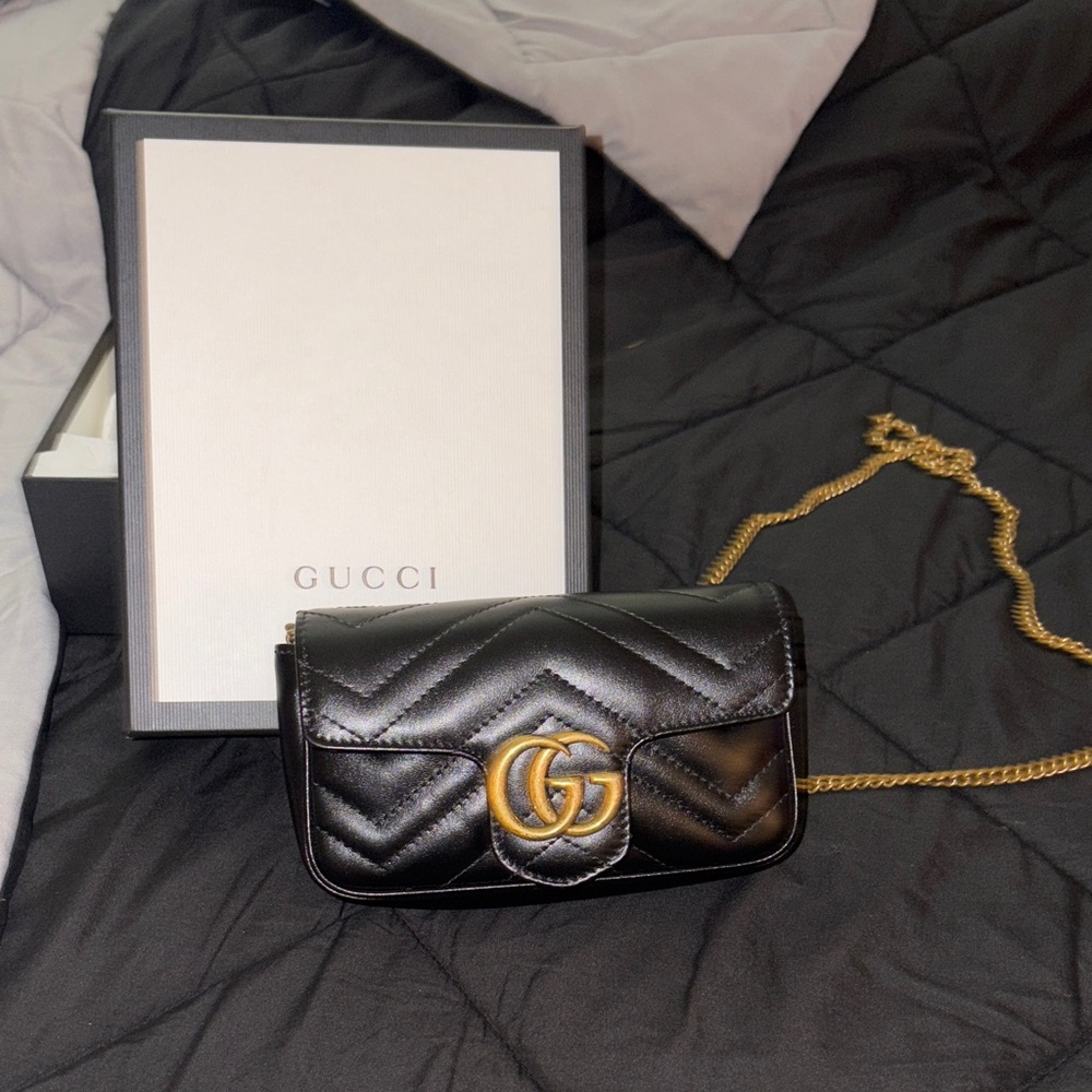 Gucci Black Mini GG Marmont Bag with Gold Chain